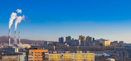 Morning industrial landscape with gas and coal power plant. Vladivostok. Russia.の写真素材