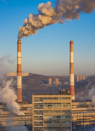 Morning industrial landscape with gas and coal power plant. Vladivostok. Russia.の写真素材
