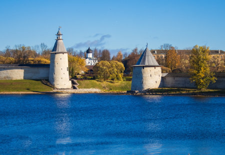 The ancient Kremlin of the city of Pskov on the Velikaya River.の写真素材