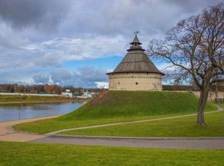 The ancient Kremlin of the city of Pskov on the Velikaya River.の写真素材