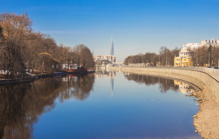 Spring landscape of St. Petersburg. Embankment of the river Bolshaya Nevka. Landmark of the city.の写真素材