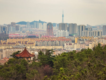 Landscape of a modern city in China. View from the top. Skyscrapers. Qingdao.
