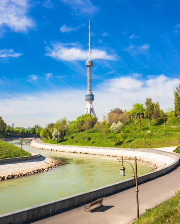 Parks of Tashkent. Spring landscape of a public park. Uzbekistan.の写真素材