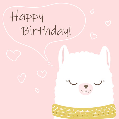 Vector cartoon card. Doodle illustration. Background for print, design. Cute poster with funny llama. Happy Birthday.のイラスト素材