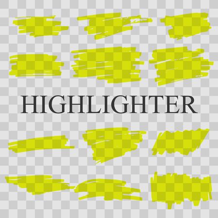 Hand drawn yellow highlight marker lines. Highlighter strokes isolated vector set. Vector illustrationのイラスト素材