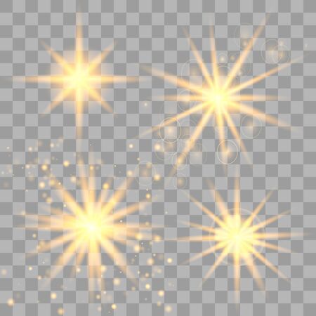 Set of golden glowing lights effects isolated on transparent background. Sun flash with rays and spotlight. Glow light effect. Star burst with sparkles.のイラスト素材