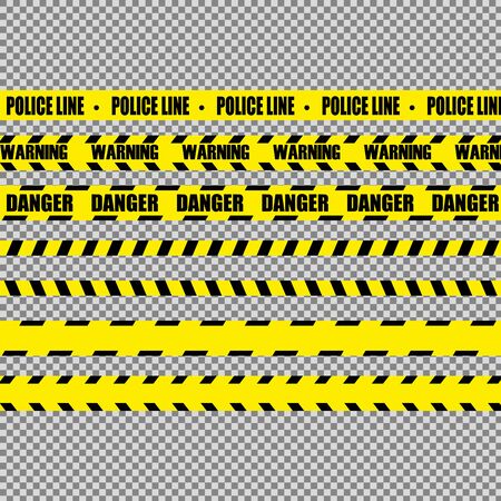 Realistic warning tapes. Illustration consists of "Warning", "Danger", "Police line" tape with text and different tapes without signs. Vector Illustration.のイラスト素材