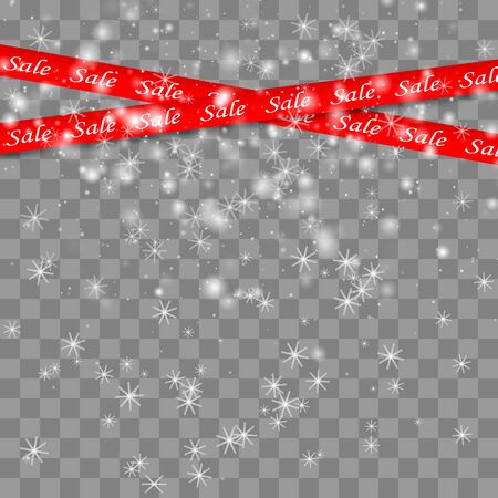 Sale red banners. Set of warning tapes, ribbons on winter background with snow and snowflakes. Template for brochure, poster or flyer. - Illustrationのイラスト素材