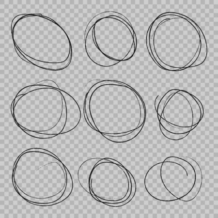 Doodle sketched circles. Hand drawn scribble rings isolated vector set. Doodle circle ring scribble and sketch, circular and round scratch. Vector illustration .のイラスト素材