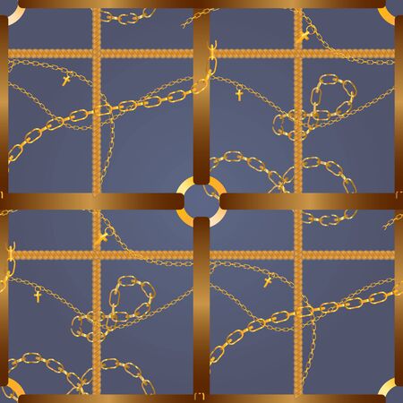 Seamless pattern with golden chains and  ropes, braid, straps, golden rings and crosses leaves. Background for fabric designのイラスト素材
