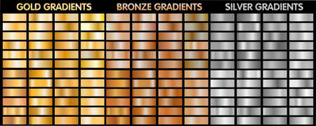Gold, silver, bronze metalic gradients. Big collection of vector gradients for backgrounds, cover, frame, ribbon, flyer, card, poster, banner, coin, label, .のイラスト素材