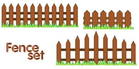 Picket fence collection, wooden textured with grass Wood boards silhouette construction in flat styleのイラスト素材