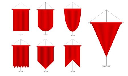 Signal red long sport advertising pennants banners set samples on pole stand. Satin red various shapes pennants. Blank flag. Realistic vector illustrationのイラスト素材