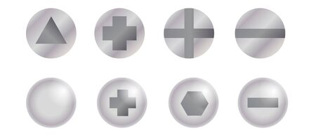 Metal bolt heads. Set of different screw heads types. Industrial top view bolts, screws, nails, rivet head. For use in your designsのイラスト素材