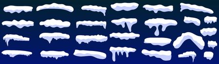 Snow caps, snowballs and snowdrifts set. Snowballs and snow drifts winter decoration snowy elements. cartoon. decoration element. Snowy elements on winter backgroundのイラスト素材