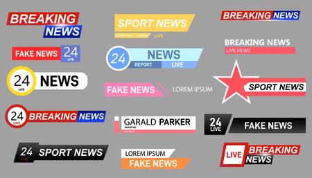 TV News Bars Set Vector. Streaming Video News Sign. Breaking, fake and sport news screen header vector isolated symbols game strip display templates. Television broadcast media title banner.のイラスト素材