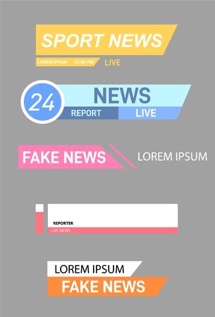 Set of TV news bars. News sign, streaming video. Interface sign. Television channel broadcasting service graphic headpiece banners.Video headline title or lower third template.のイラスト素材