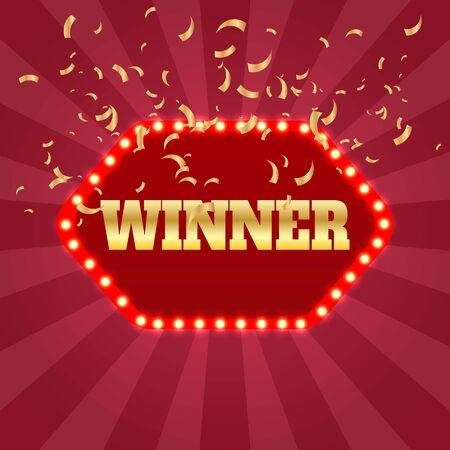 The winner retro banner with glowing lamps and confetti. Win congratulations vintage frame with glowing lamps, golden congratulating framed.Winners lottery game jackpot prizeのイラスト素材