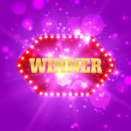 Win congratulations vintage frame with glowing lamps, golden congratulating framed.Winners lottery game jackpot prize logo vector background illustrationのイラスト素材