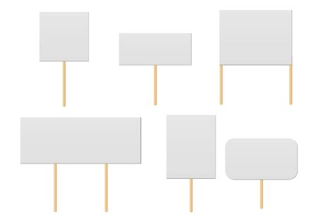 Banner mock up on wood stick collection. Protest placards, public transparency with wooden holders. Politic strike boards realistic vector holding public broadsheet templateのイラスト素材