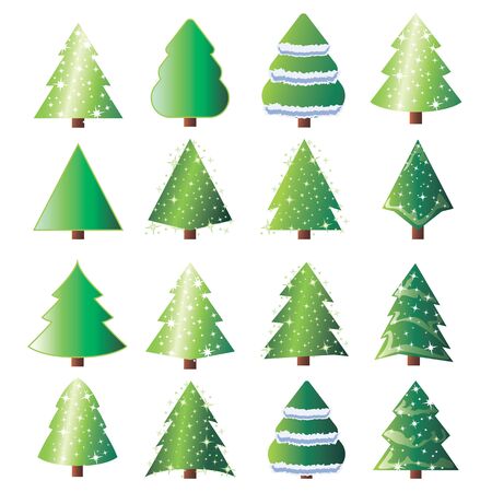 Set of Christmas tree vector icon.  New Years tree with heralds,  2020 winter holidays party green fir with garland decoration. Cute Christmas trees with toys and snow. New year decorations.のイラスト素材