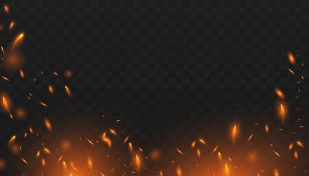 Burning glowing particles. Realistic isolated fire effect with smoke for decoration and covering on the transparent background. Red and yellow light effect. のイラスト素材