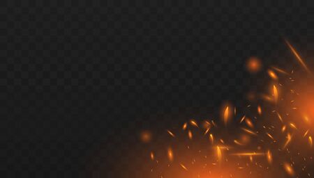 Red Fire sparks vector flying up. Realistic isolated fire effect with smoke for decoration and covering on the transparent background. Concept of sparkles, flame and light.のイラスト素材