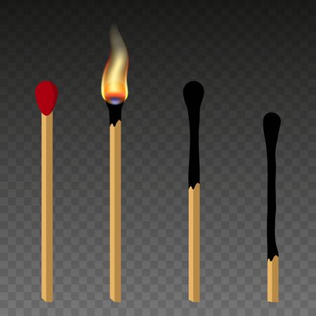 Matches, lighted match and burned match. Burning match with fire, opened matchbox, burnt matchstick.  Flat design style.のイラスト素材