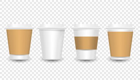 Paper coffee cups mock-up. Vector realistic 3d illustration. Disposable plastic and paper tableware vector template for Hot Drinksのイラスト素材
