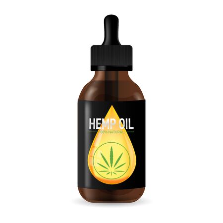 Realistic brown glass bottle with hemp oil.Cannabis leaves liquid for medical .のイラスト素材