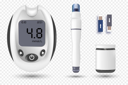 Blood glucose meter glucometer. Diabetes banner set - blood glucose testing equipment and medicine in realistic style. のイラスト素材
