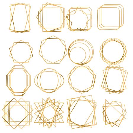 Gold collection of geometrical polyhedron, art deco style for wedding invitation, luxury templates. geometric polygonal frames isolated on background. Vector illustrationのイラスト素材