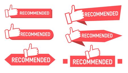 Set red banner recommended with thumbs up. Recommend badges creative vector templates set. Best products, approved quality, warranty paper ribbons collectionのイラスト素材