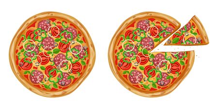 Realistic pizza with various ingredients. Traditional italian fast food. Realistic pizza with various ingredients. Sliced Pizzaのイラスト素材