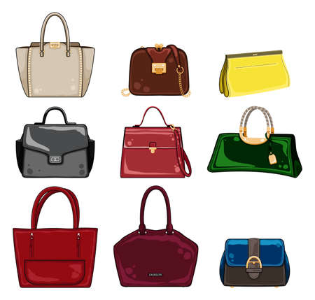 Set of stylish women's handbags - tote, shopper, hobo, bucket, satchel and pouch bags. Leather bag with handle isolate. Set with different bags.のイラスト素材