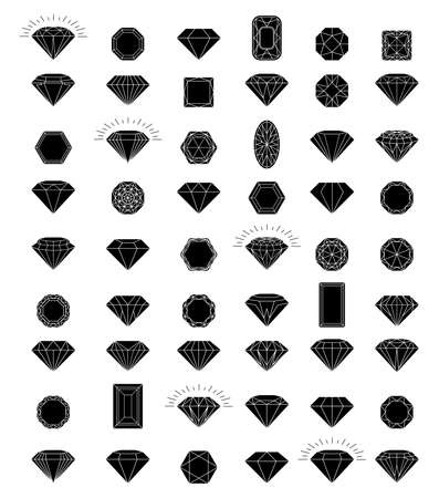 Set of black diamonds in a flat style isolated on white background. Jewels and diamonds collection. Line with Editable strokeのイラスト素材