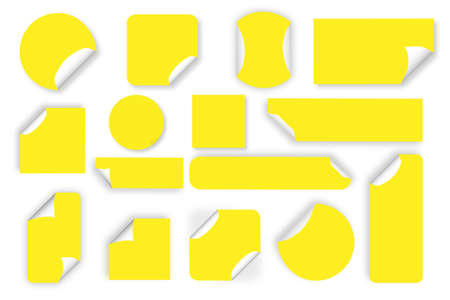 Set of colorful round adhesive stickers with folded edges. Sticker of different shapes with curled corners.のイラスト素材