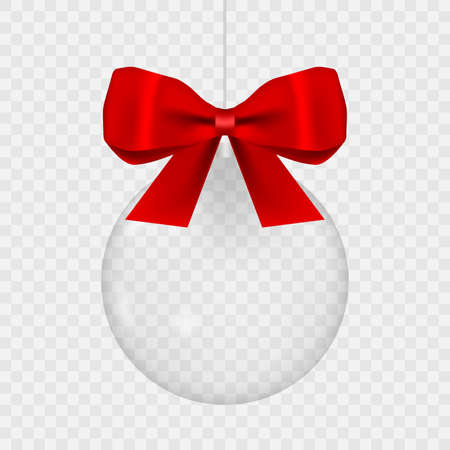 Template of glass transparent ball empty. Christmas toy. Glass globe with red silk ribbon.のイラスト素材
