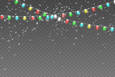 Christmas lights, Snowy background with light garlands, falling snow, snowflakes, snowdrift. Xmas garlands strings.のイラスト素材