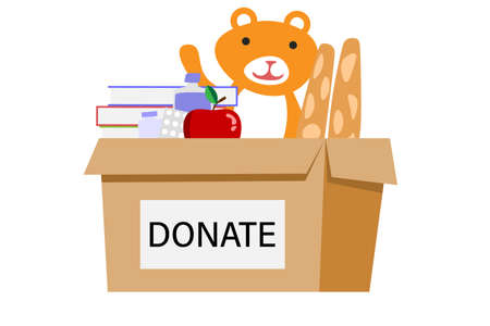 Cardboard box for donations. Box Full of Things for Donation from Food, Medicine, Books, bearのイラスト素材