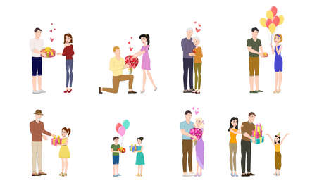 People with gifts. Various characters give and receive gift, romantic surprise, happy persons celebrating holidays. Man giving flowersのイラスト素材