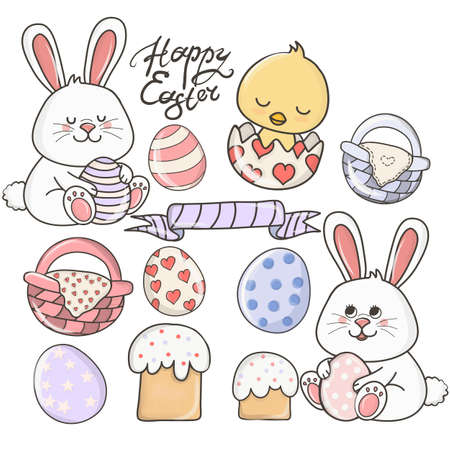 Easter color cartoon, cute characters. Set of Happy Easter, with cute bunnies and eggs. Vector design elements for greeting and advertising products.のイラスト素材