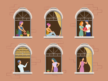 People in window frames. Neighbors evening live in apartments. Vector flat illustration