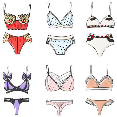 Collection of elegant lingerie. Trendy female underwear. Set of womens lingerie, types of bras. Colorful illustration.のイラスト素材