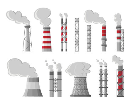Industry factory vector industrial chimney pollution with smoke. Fossil fuel, coal burning process. Toxic fumes, heavy chemicals emission. Air pollution, global warming symbolのイラスト素材