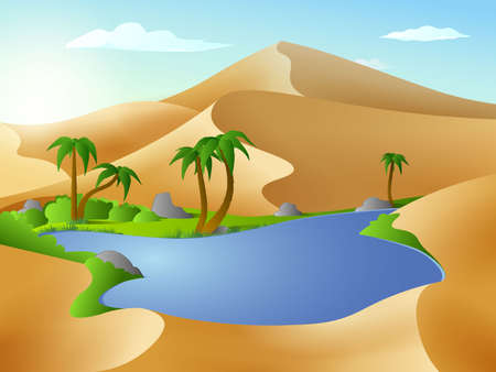 Oasis in the desert dunes. Panorama or landscape of desert with oasisのイラスト素材