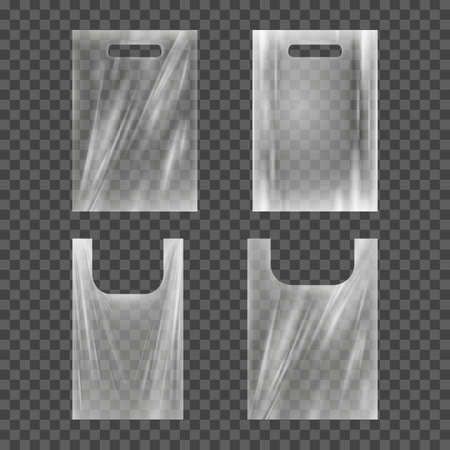 Realistic Transparent Empty Plastic Food Packaging Template Set. Realistic clear bag mockup, 3d transparent food product pack set, blank glossy foil.のイラスト素材