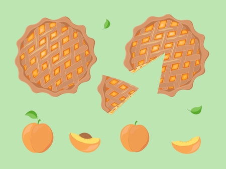 Hand drawn decorative vector illustration of peach pie and peaches. Traditional peach pie dessert with lattice of choco dough for family holidayのイラスト素材