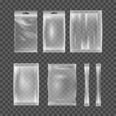 Empty plastic bag package mockup transparent pack. Set of polypropylene plastic packagingのイラスト素材