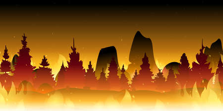 Wildfire background. Burning forest. Fire in forest. Vector cartoon illustration of burnt landscape, nature disaster, ecology catastrophe.のイラスト素材